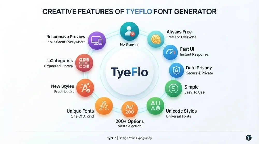 Copy & Paste Fonts — TyeFlo features infographic showing 11 key reasons to use the free font generator including 11 categories, 200+ options, no sign-in, always free, and data privacy